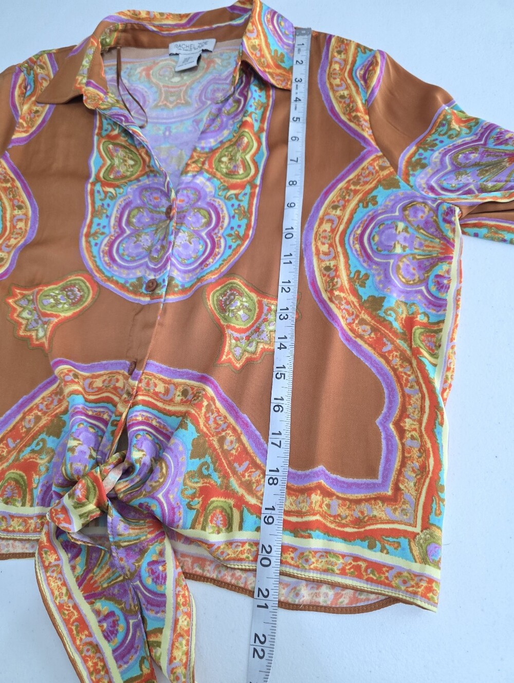 Rachel Zoe Tie Front Blouse M Boho Paisley Print Long Sleeve Crop Top - Picture 7 of 10
